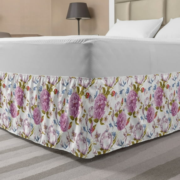 Floral Bed Skirt, Vintage Pastel Spring Scene with Hydrangea Blooms Garden Therapy Showy Birds Image, Elastic Bedskirt Dust Ruffle Wrap Around for Bedding Decor, 4 Sizes, Multicolor, by Ambesonne