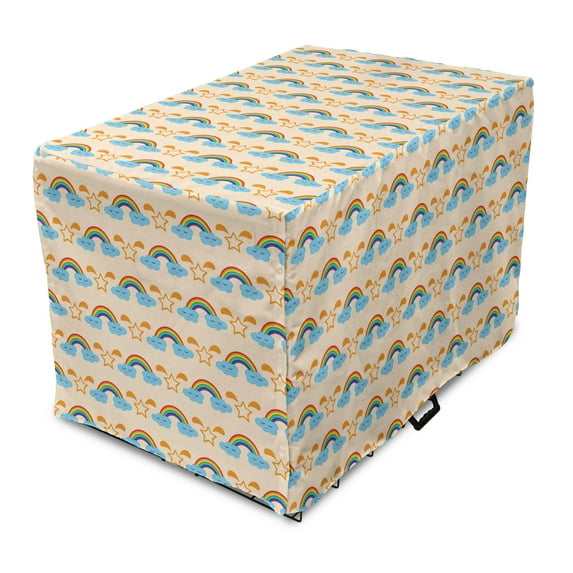 Cartoon Dog Crate Cover, Star Clouds and Eyes Smiling Sleeping Happy Rainbows Rhythmic Print, Easy to Use Pet Kennel Cover Small Dogs Puppies Kittens, 7 Sizes, Champagne and Multicolor, by Ambesonne