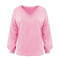 thumbnail image 4 of LEBONYARD Women's V-Neck Pullover Tops Casual Solid Long Sleeve Loose Fit Hoodless Sweatshirts, 4 of 5