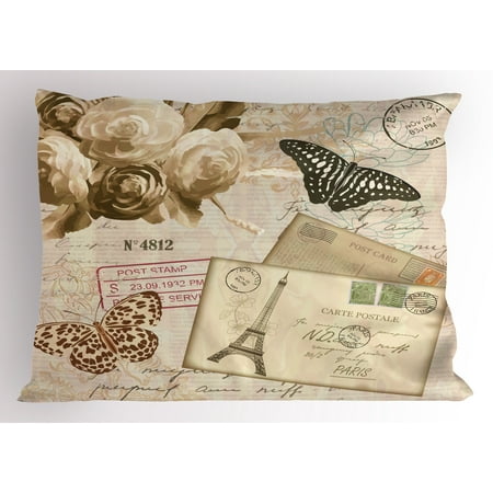 European Pillow Shams European Pillow Sham Old Vintage Retro Style Lettering with Flowers Butterflies Print, Decorative Standard Size Printed Pillowcase, 26 X 20 Inches, Cream Black and Pale Brown, by Ambesonne ()