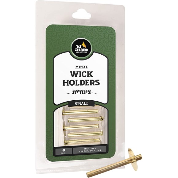 Metal Wick Holder Set 9 Small Holders and 50 Wax Coated Cotton Wicks Sits In Full Oil Cup for Optimal Safety and Burn Time Tzinores by Ner Mitzvah