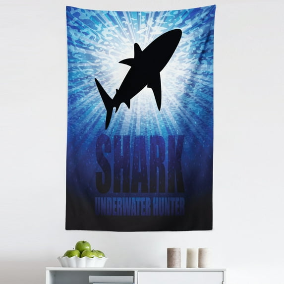 Shark Tapestry, Underwater Hunter Phrase Fish Silhouette in the Ocean Danger in Marine Picture, Fabric Wall Hanging Decor for Bedroom Living Room Dorm, 5 Sizes, Royal Blue Black, by Ambesonne