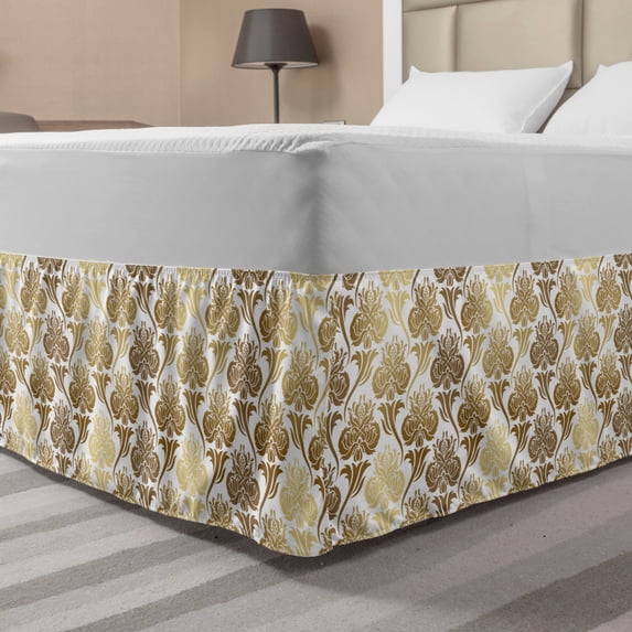 Damask Bed Skirt, Ombre Abstract Image Floral East Inspired Details Print, Elastic Bedskirt Dust Ruffle Wrap Around for Bedding Decor, 4 Sizes, Caramel and Pale Yellow, by Ambesonne
