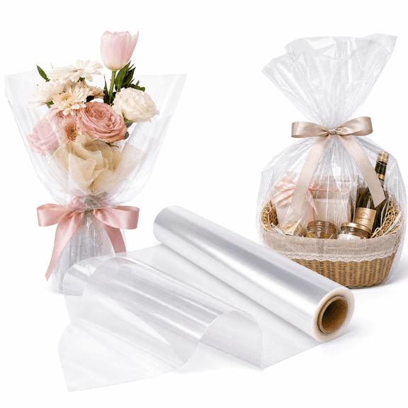 Qiucioku Cellophane Wrap Roll, 15.7 Inch x 98.4 Ft Clear Plastic Wrap for Gift Baskets, Flowers, Bouquets, 2.5 Mil Thick, Waterproof Transparent Film for Crafts