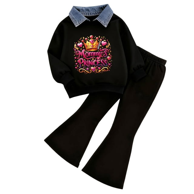 Caqnni Girl Trendy Comfort Set Cozy Polo Lightweight Pullover Sweatshirt and Flowy Flare Pants Perfect for Spring and Fall Seasons(Black,2-3 Years)