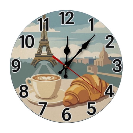 2D Flat Wall Clock Art Print, Silent Non Ticking Battery Operated,Paris Eiffel Tower Cafe Wall Clock Wall Clock 2D Print Decorative for Bathroom Kitchen Bedroom 10 Inch & 12 Inch, Ships Next Day,No B