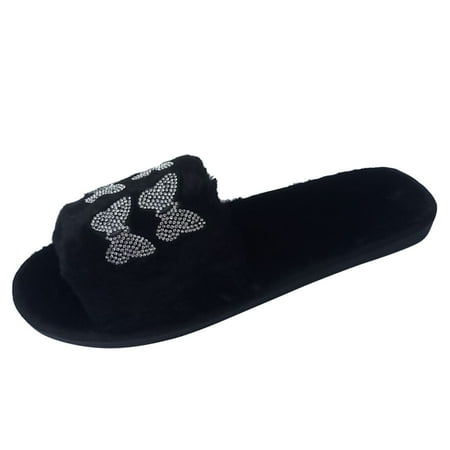

Youmylove Women Slide Slippers Open Bow Flat Slip On Furry Shoes Home Rhinestone Plush Winter Warm Toe Women Slide Slippers Stylish Female Cozy Daily Walking