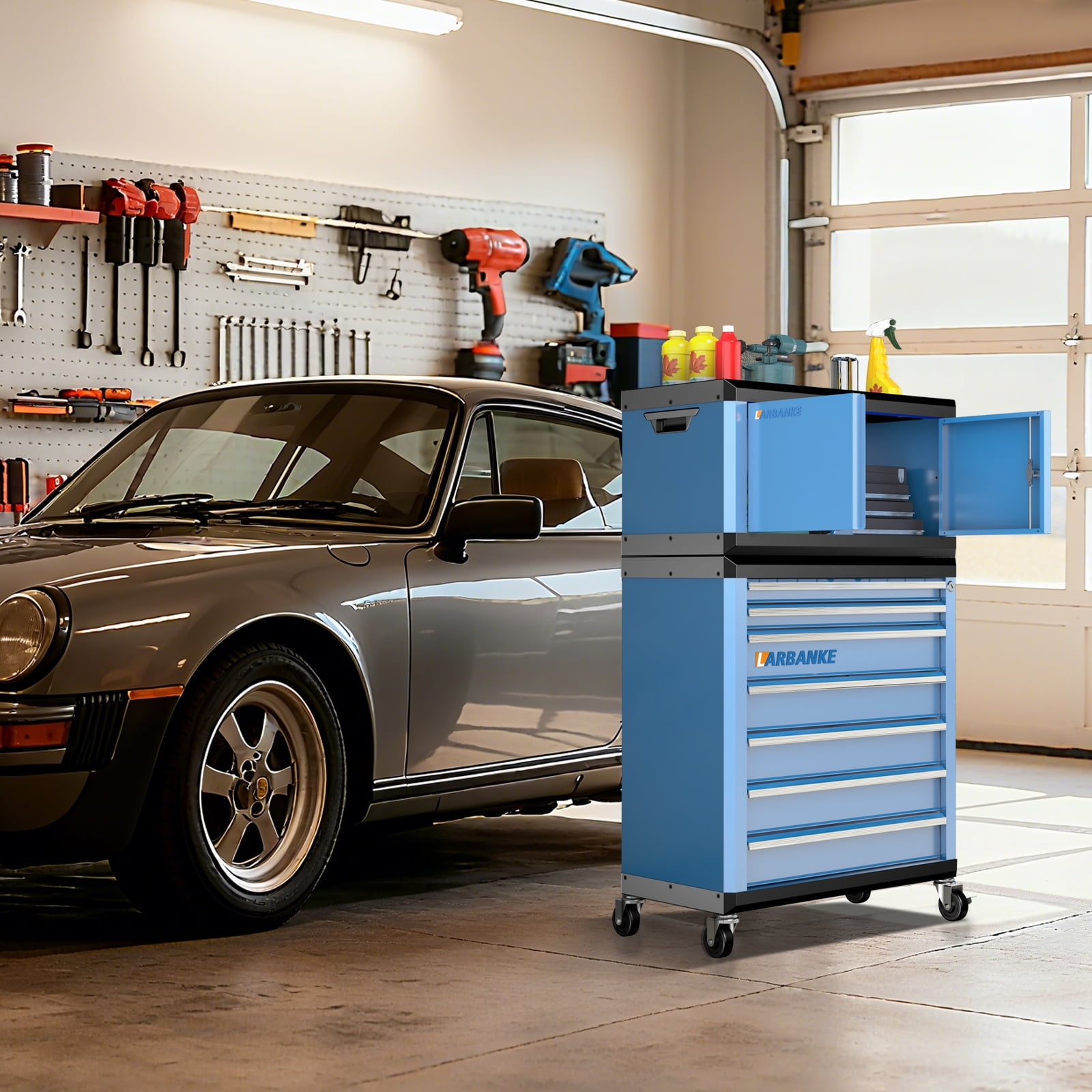 LARBANKE Double-Door Tool Box with Lock, Multifunctional Top & Stackable Design, Connects with 5 & 7-Drawer Tool Chests
