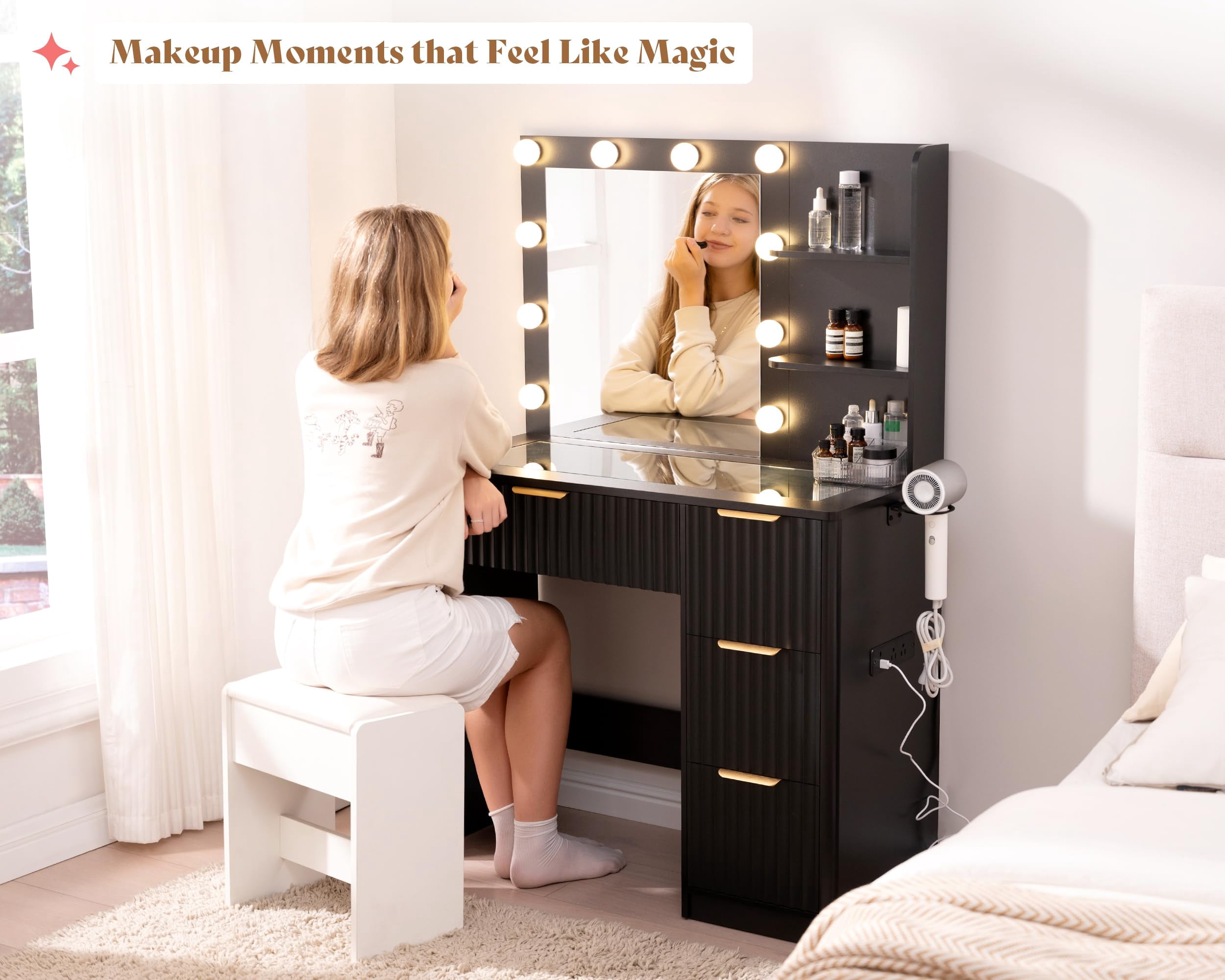 Merluxy 36.2" Girls Vanity Desk with Mirror and Adjustable LED Lights, 4 Drawers Makeup Table with Glass Top and Charging Station, Black