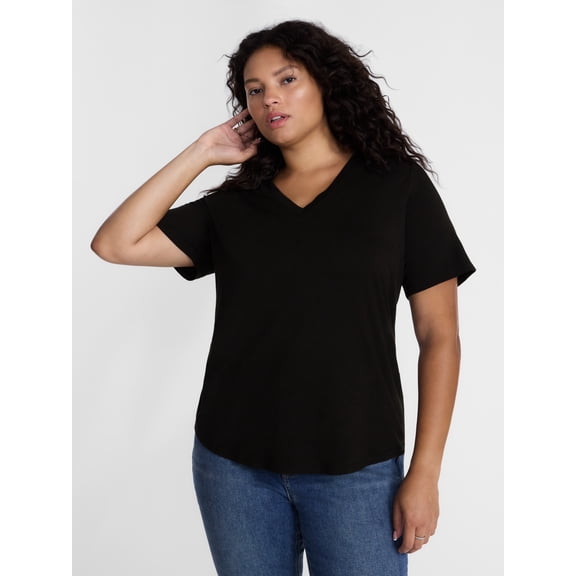 Terra & Sky Women's Plus Size V Neck Tee with Short Sleeves, Size 0X-5X
