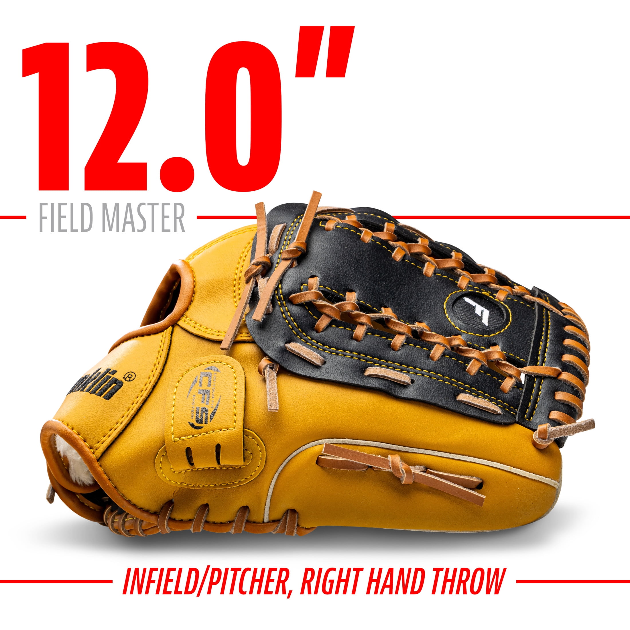 Franklin Sports Field Master Baseball + Softball Glove, 12 in, Black/Tan, Right Hand Throw