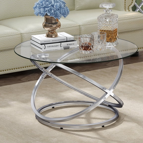 ASYA Modern Glass Coffee Table, 32’’ Round Center Table for Living Room, Chrome
