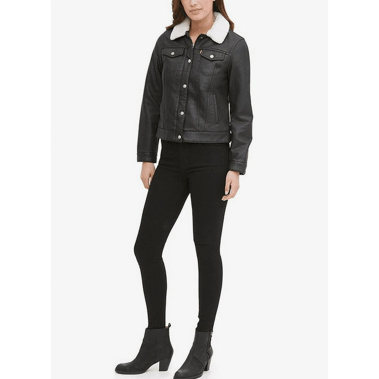 Levi s Women s Sherpa Faux Leather Trucker Jacket Black Cream Sherpa Small