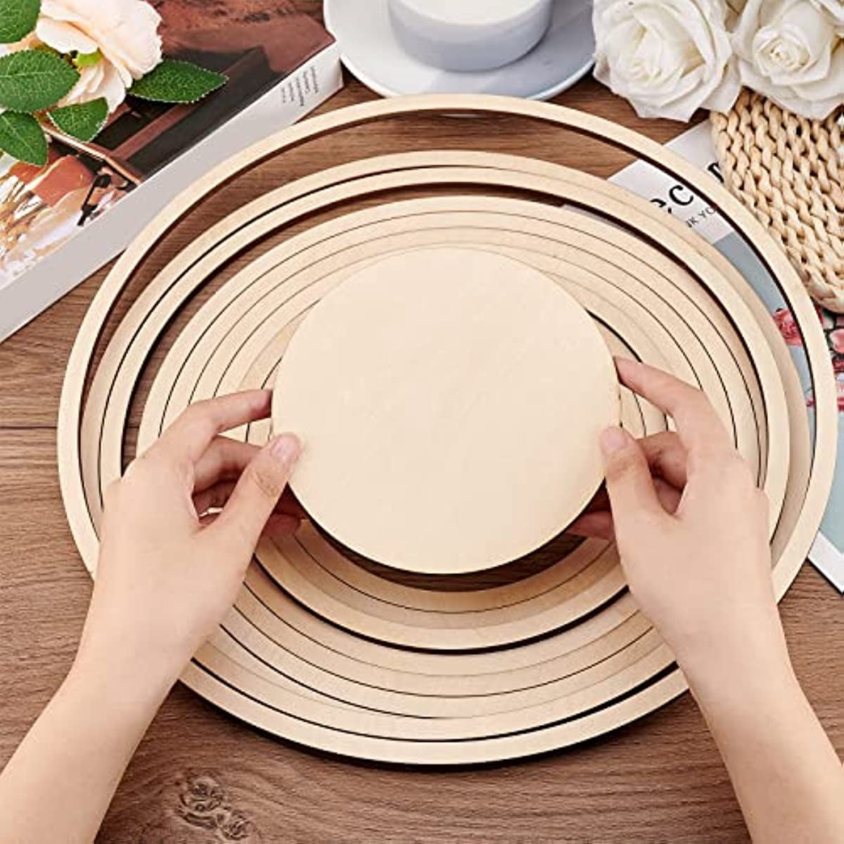 11Pcs Round Pottery Tools Wooden Concentric Geometric Figure Rail Set for DIY Ceramic Cutting and Printing Blank Modeling Mud Plate Forming 13.8" Diameter