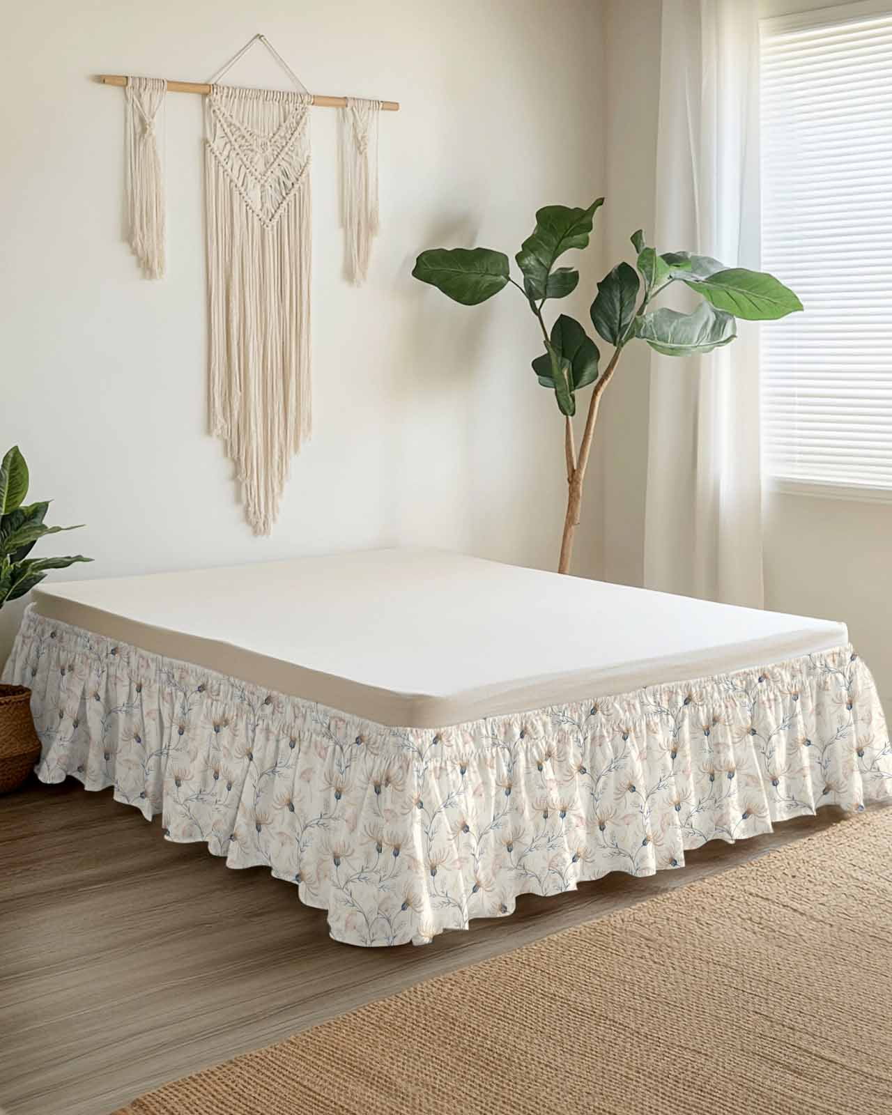 Beige Flowers Wrap Around Bed Skirts for California King Bed 18" Drop,Bed Skirt with Adjustable Elastic Belt Dust Ruffle Bed Valance for Bedroom Watercolor Farmhouse Botanical Floral Bed Frame Cover