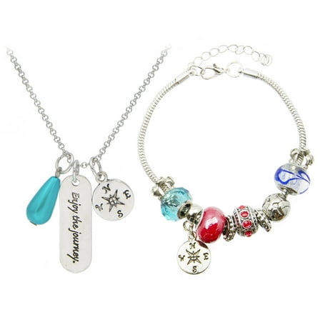 Glam & Glow "Enjoy the Journey" Silver Toned Charm Bracelet and Necklace Set