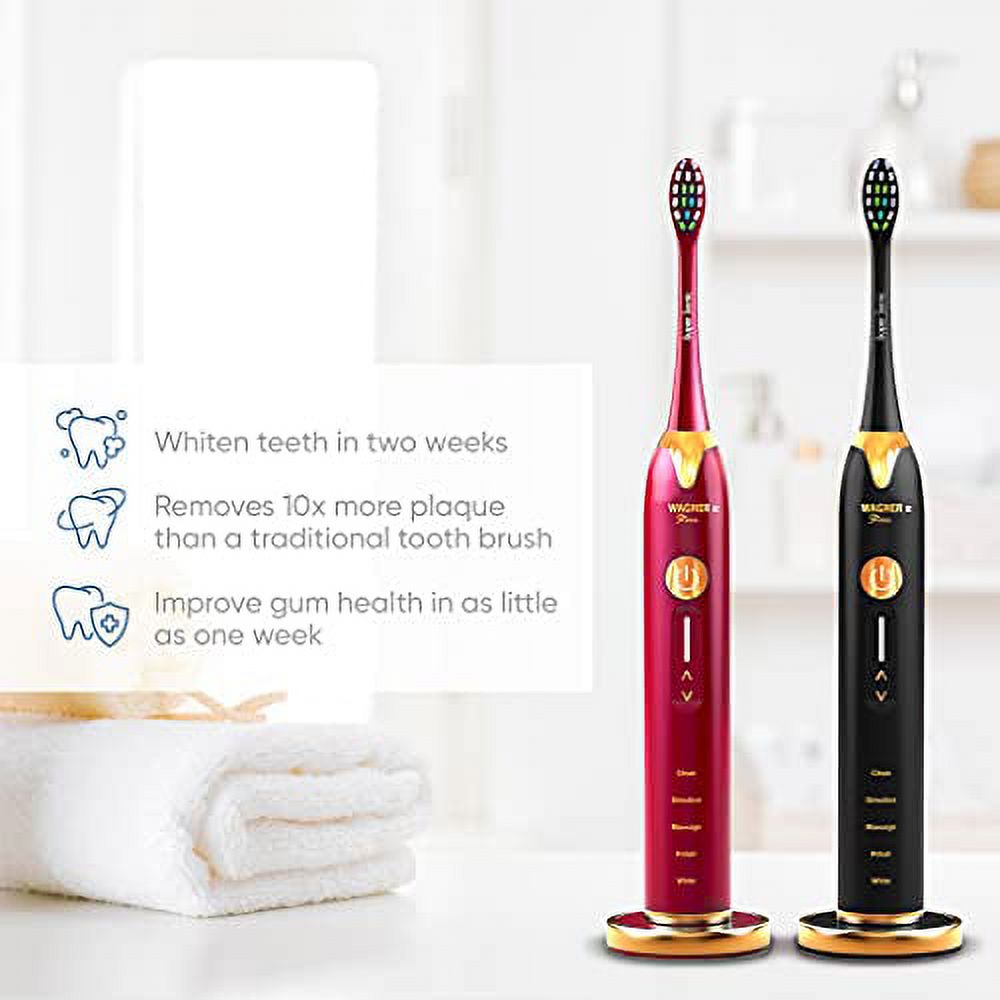 Wagner & Stern. Duette Series. 2 Electric toothbrushes with Pressure Sensor. 5 Brushing Modes and 4 Intensity Levels, 10 Dupont Bristles, 2 Premium Travel Cases. (Burgundy/Black)