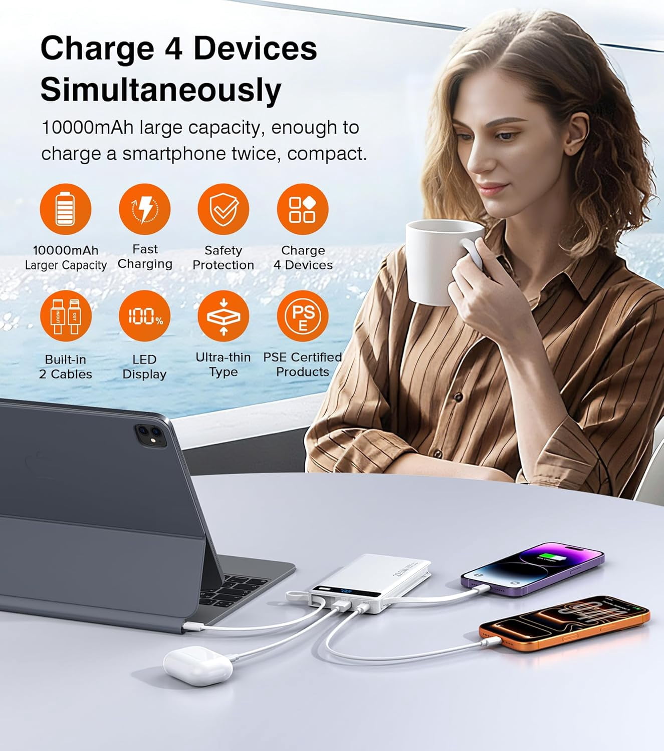 10000mAh Power Bank with 2 Built-in Cables, 22.5W PD Fast Charging Slim Portable Charger for iPhone Samsung iPad White