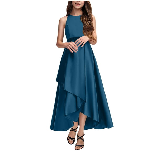 Generic Girls Elegant Satin Halter Maxi Dresses Junior Bridesmaid A-Line Asymmetrical Party Pageant Gown for 4-15 Years