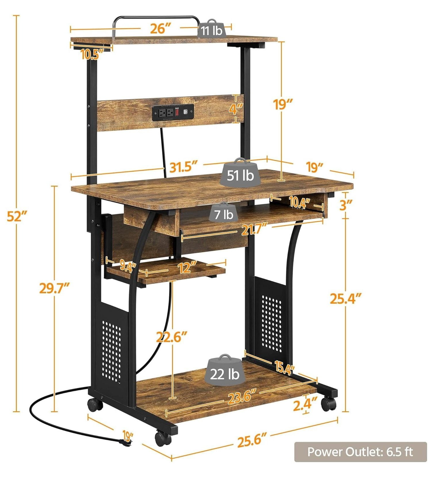 3 Tiers Rolling Computer Desk with Power Outlet and USB Ports for Space Saving, Home Office Desk with Keyboard Tray and Printer Shelf on Wheels, Laptop PC Workstation Table, Rustic Brown
