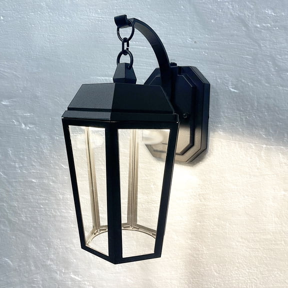 Maxxima LED Porch Lantern Outdoor Wall Light, Black w/ Clear Glass, Dusk to Dawn Sensor, 570 Lumens, 3000K Warm White