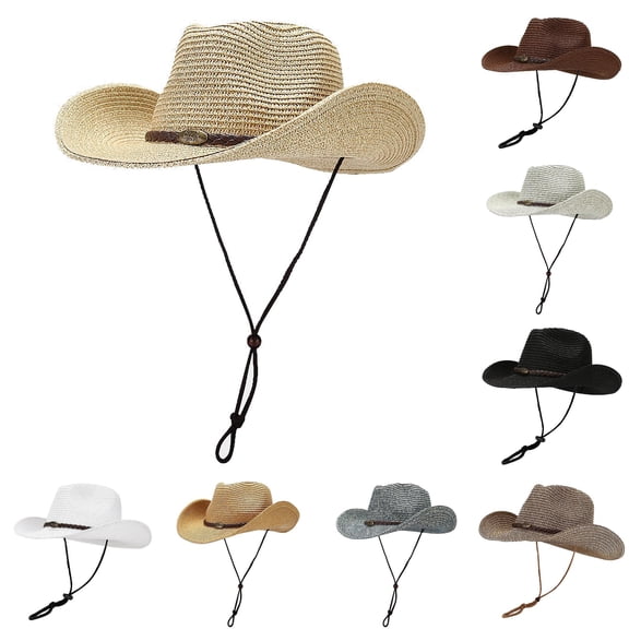 Wxolcjlv Mens Wide Brim Straw Cowboy Hat Adjustable Chin Strap Braided Band Sun Protective Outdoor Headwear Cap