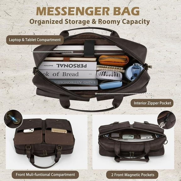 16 Inch Leather Laptop Bag for Men Messenger Bag Work Computer Briefcase Vintage Satchel Shoulder Bag for Business Travel Office