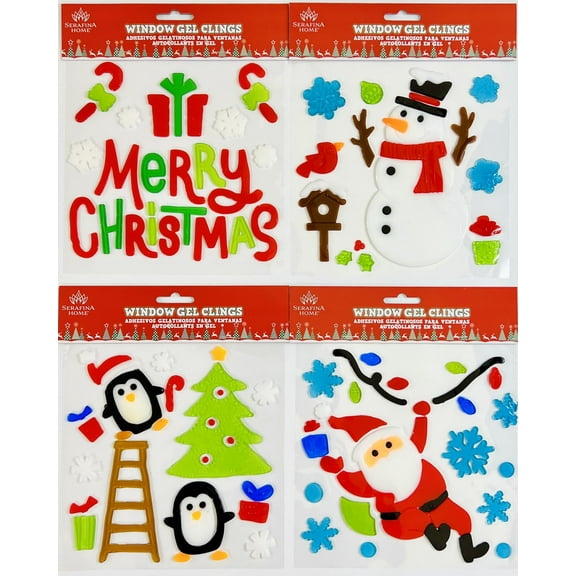 Serafina Home Winter Christmas Holiday Window Gel Clings: Snow Much Fun! Santa Snowmen Snowflakes, Set of 4