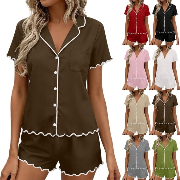 JSKUMAR Women's Pajamas Set 2 Piece Button Up Short Sleeve Ruffle Sleepwear Soft Breathable Lounge Shorts Set (Coffee,L)