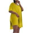 thumbnail image 2 of BLTIBY 2025 2 Piece Sets for Women Summer Solid Color Loose Short Sleeve V Neck Shirts Slim Shorts Set Fashion Outfits Yellow S, 2 of 5