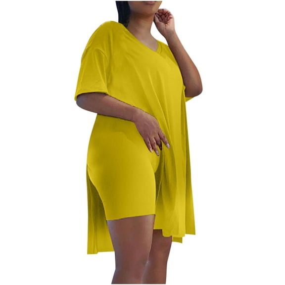 Women's Plus Size 2 Piece Outfits Short Sleeve Tunic Tops and Skinny Biker Shorts Sets Workout Sports Tracksuits