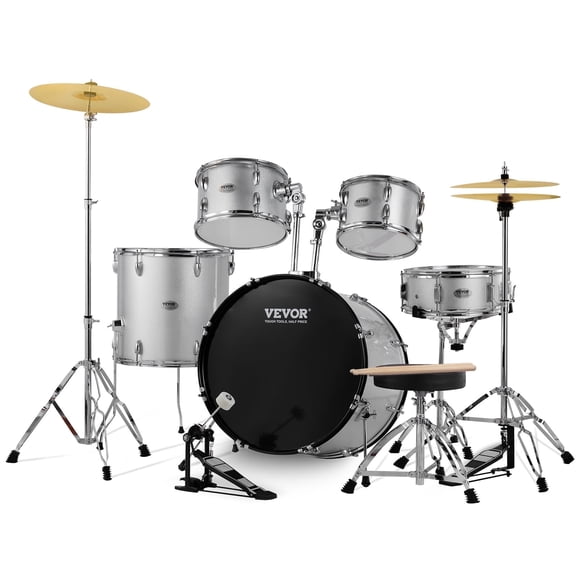 VEVOR Adult Drum Set, 5-Piece,22 inches Complete Full Size Drum Kit with Bass Toms Snare Floor Drum Adjustable Throne Stands Cymbal Hi-Hat Pedal and Drumsticks, Silver