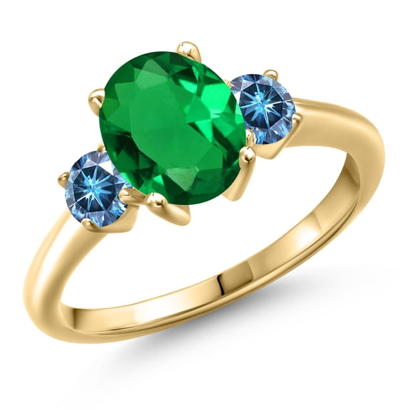 Gem Stone King 10K Yellow Gold Green Nano Emerald and Persian Blue Moissanite Engagement Ring for Women | 1.96 Cttw | Oval 9X7MM | Gemstone May Birthstone | Size 7