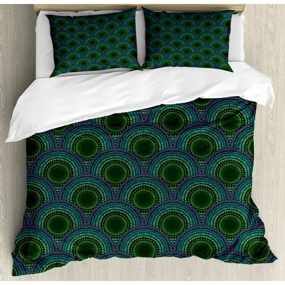 Mandala Duvet Cover Set, African Tribal Ethnic Pattern with Circle Cosmos Rounds Funky Culture Art, Decorative 3 Piece Bedding Set with 2 Pillow Shams, Queen Size, Emerald Teal Purple, by Ambesonne