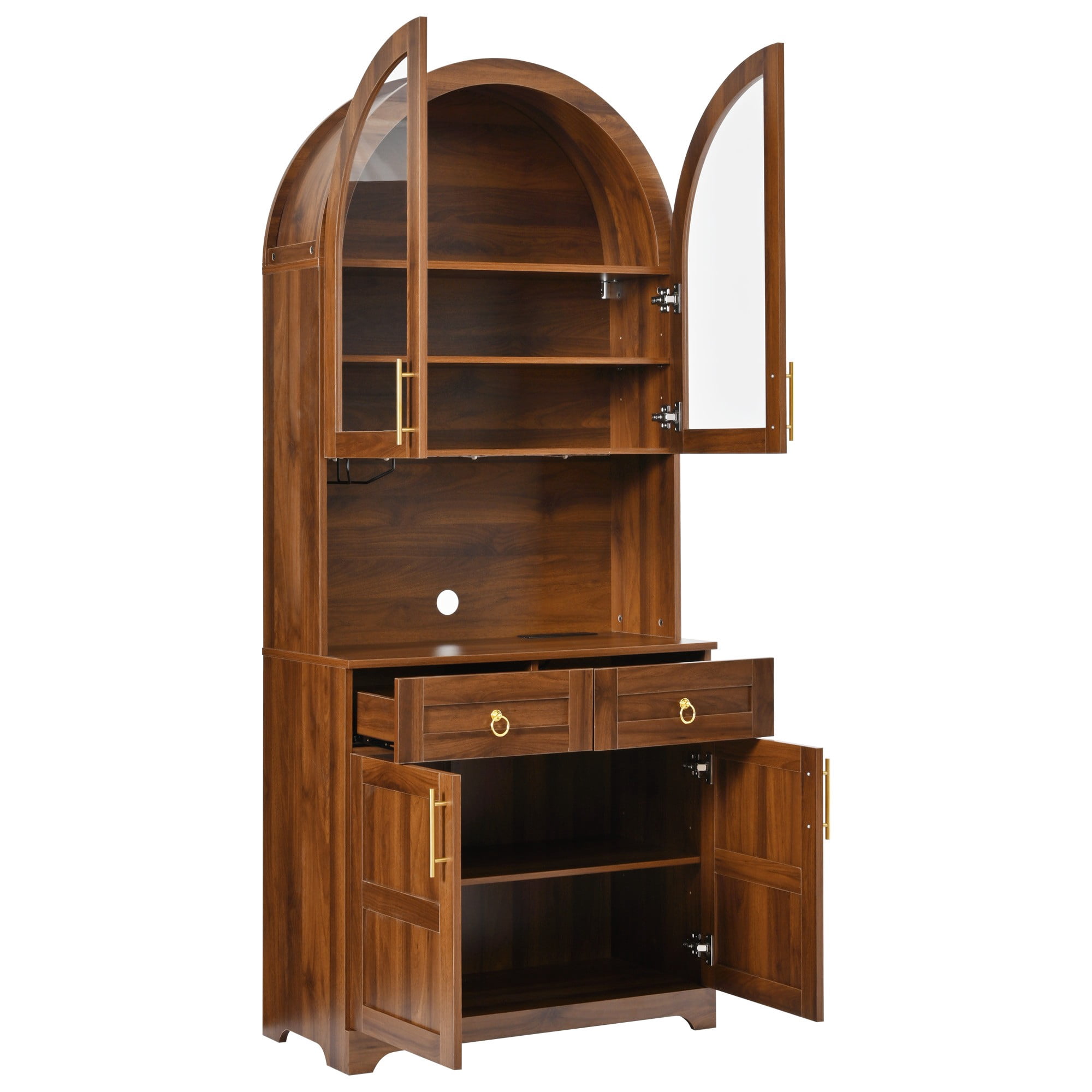 DEALTOPS Freestanding 74.8" Pantry Cabinet with Arched Top, Power Outlets and LED Light, Walnut