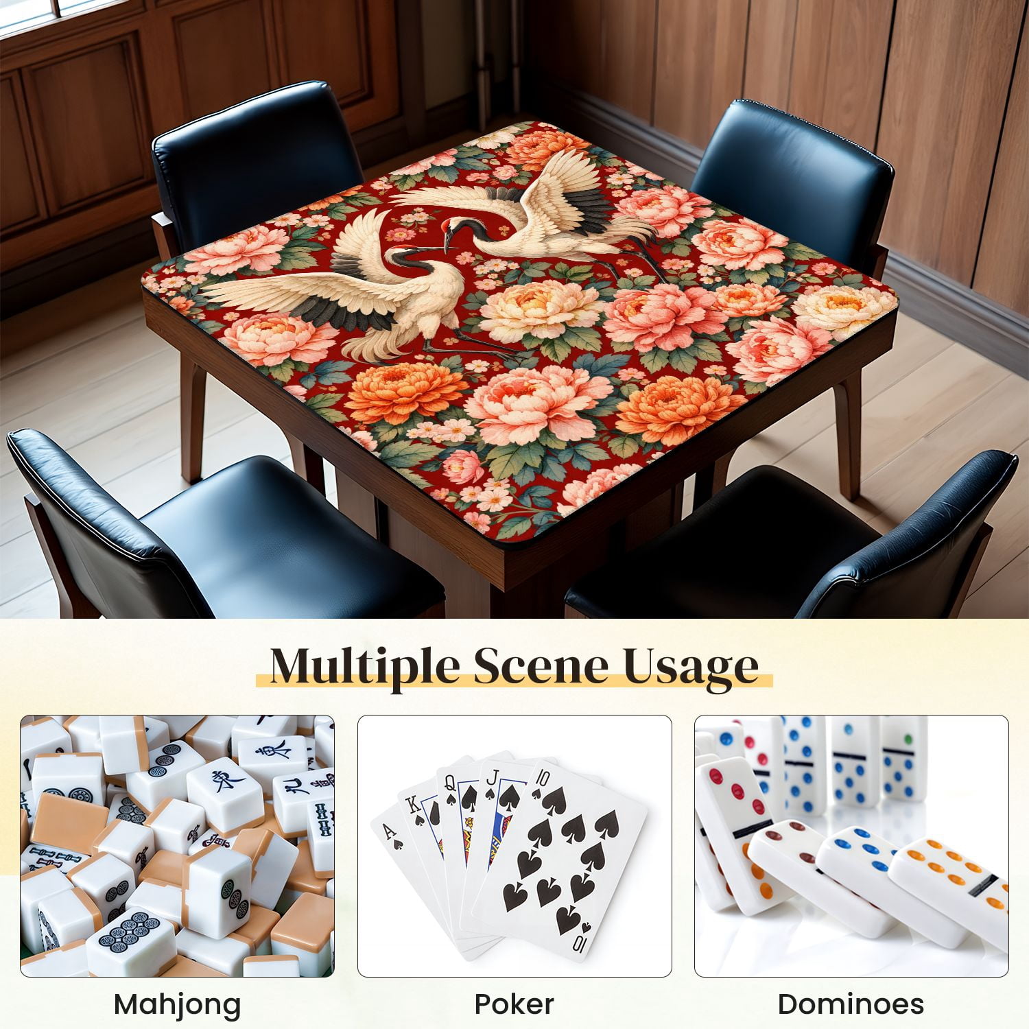Mahjong Mat 31.5" x 31.5" Elegant Crane Birds Peony Flowers Red Non-Slip Noise Reduction Mahjong Tiles Table Cover for Dominoes Poker Card Board and Tile Games