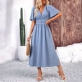 thumbnail image 3 of Women'S Summer Flowy Midi Dress Casual V Neck Short Sleeve Waist Boho Beach Dress Wedding Guest Maxi Dress Light Blue L, 3 of 4