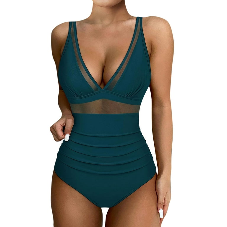 Swimsuit Women One Piece Swimsuit High Neck Plunge Mesh Ruched