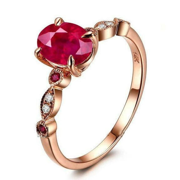 Antique Design 1.75 Carat Red Ruby 8x6mm Oval Cut And Moissanite Diamond Engagement Ring in 10k Rose Gold for Women on Sale