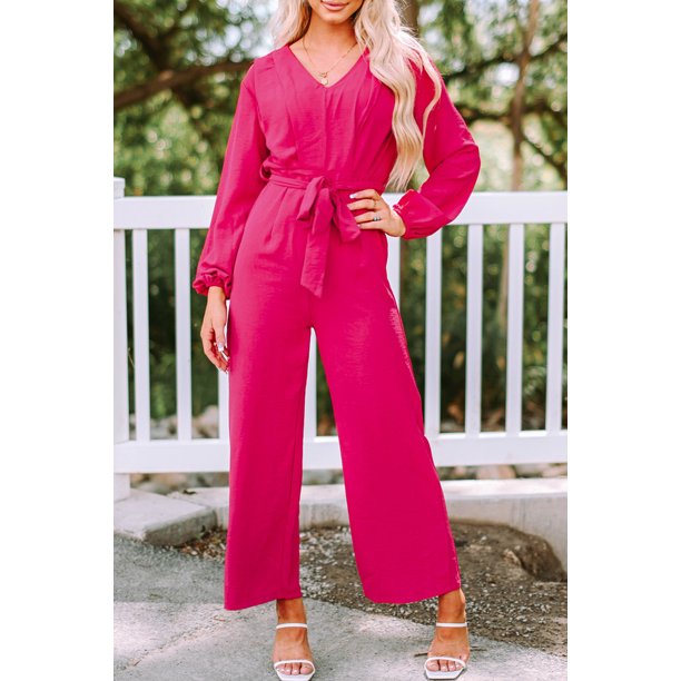 ABPHQTO Mono de pernera ancha con cinturón y manga obispo rosa para mujer