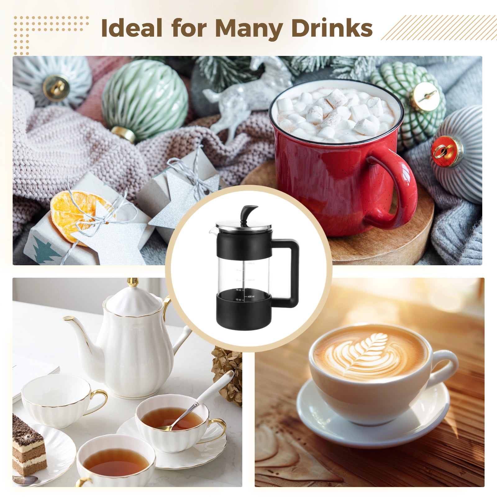 Press Coffee Maker, 34 oz Heat Resistant Thickened Borosilicate Glass Coffee Pot, Tea Maker with Fine 80 Mesh Filter & No-drip Spout, Large Capacity Brewer for Home, Office