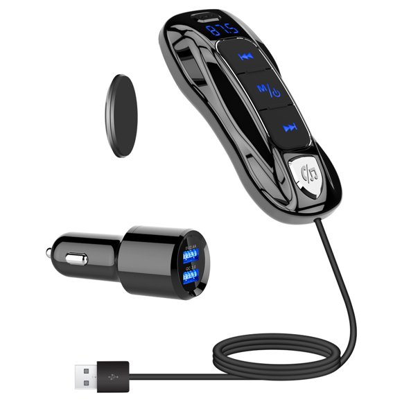 SHENMO Bluetooth V5.0 FM Transmitter, Bluetooth Car Radio Transmitter Handsfree Car Kit Dual USB Ports (QC3.0+5V/2.4A) with 1.1M Cable, A2DP Crystal Sound, Voltage Display