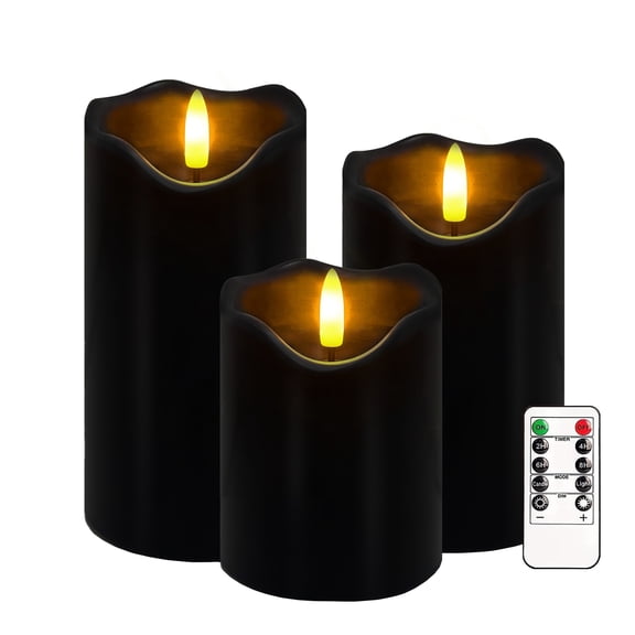 Flameless Candles Light, Set of 3 Flickering LED Candles with Remote & Timer, Dimmable Real Wax Electric Pillar Candles Battery Operated, Black Flameless Candles for Home Halloween Decor