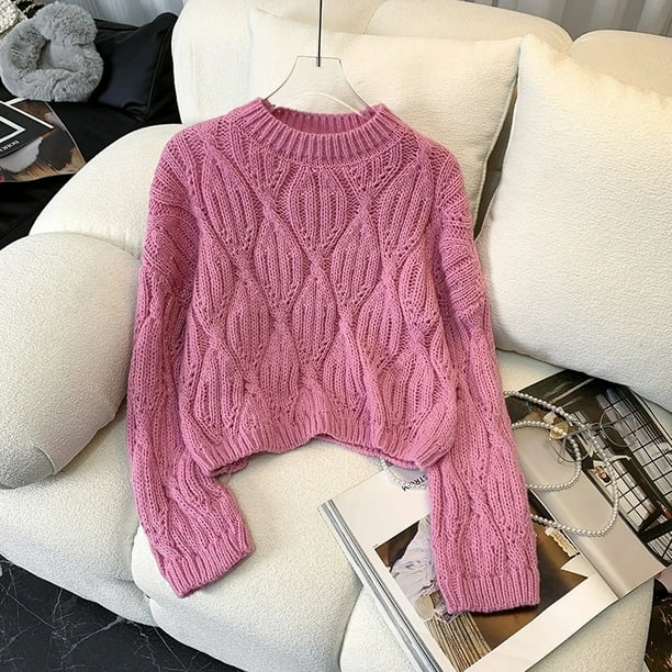 Suéter de mujer de punto trenzado suave, suéter corto de manga larga con cuello redondo, jersey liso de corte cuadrado, atuendo básico para adolescentes, otoño e invierno