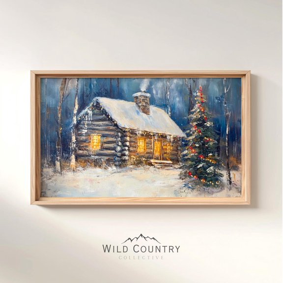 Antique Winter Cabin Snowy Pine Forest Lodge Cozy Cabin Lodge Seasonal Home Wall Decor Unframed Paper Print