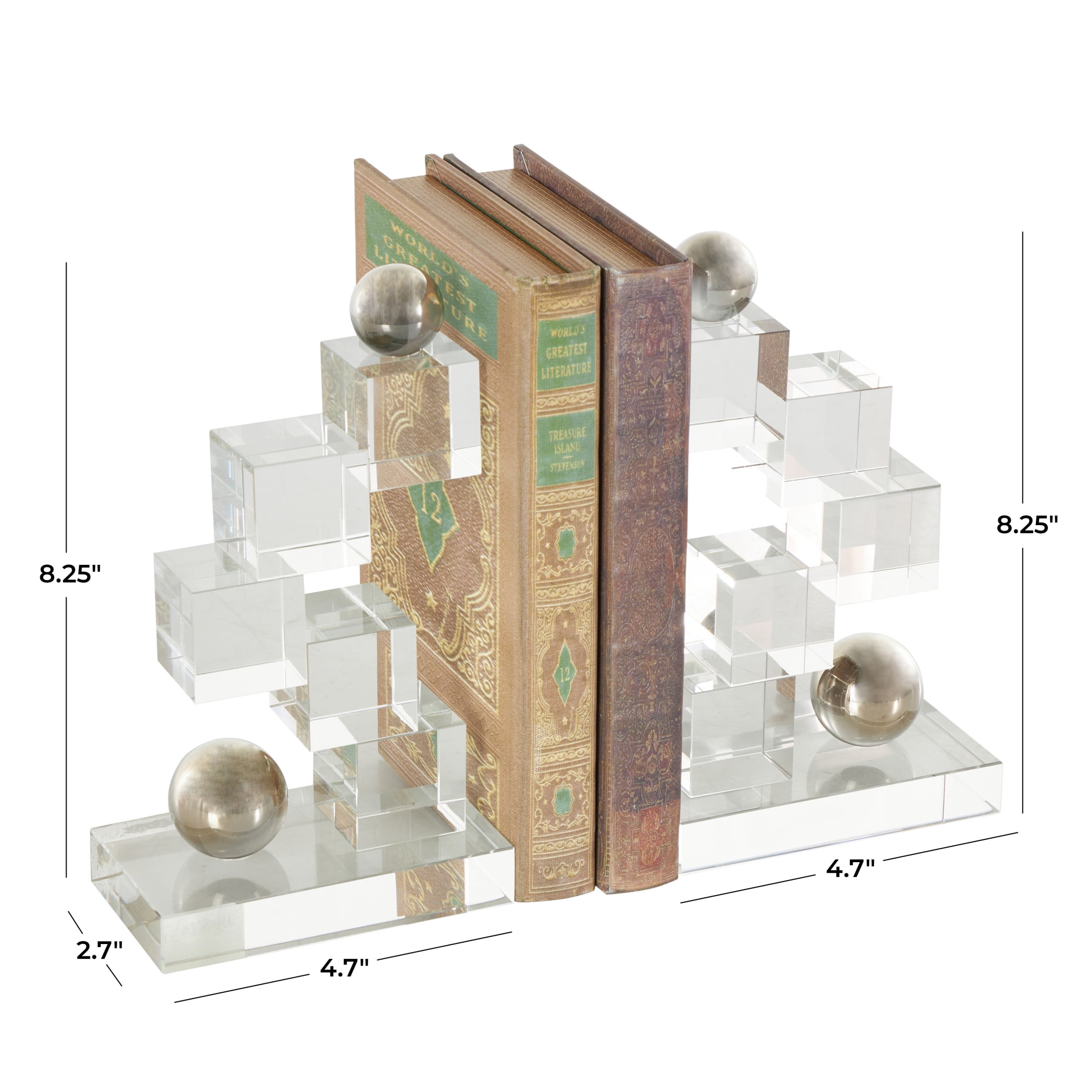 DecMode 5" Stacked Squares Geometric Clear Glass Bookends with Silver Orbs (Set of 2)