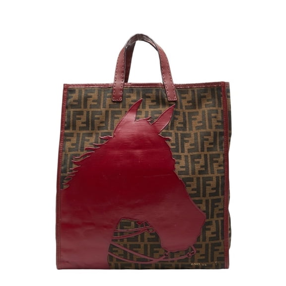 Pre-Owned Fendi Zucca Horse Motif Handbag Tote Bag in Brown and Red Canvas Leather... (Good)