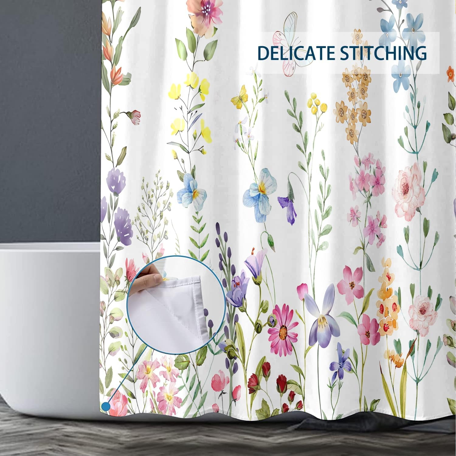 Extra Long Colorful Floral Butterfly Shower Curtain 72 x 84 Inch, Botanical Flower Shower Curtain for Bathroom Decor, Waterproof Fabric Wildflower Shower Curtain with Hooks