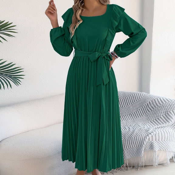 XUNKUSGA Maxi Dress Loose Long Sleeve Smocked Square Neck Womens Casual Dresses Fashion Ruffle Pleated Flowy Women's Dresses Classic Soild Color Church Belted Dresses for Women S-XL Green