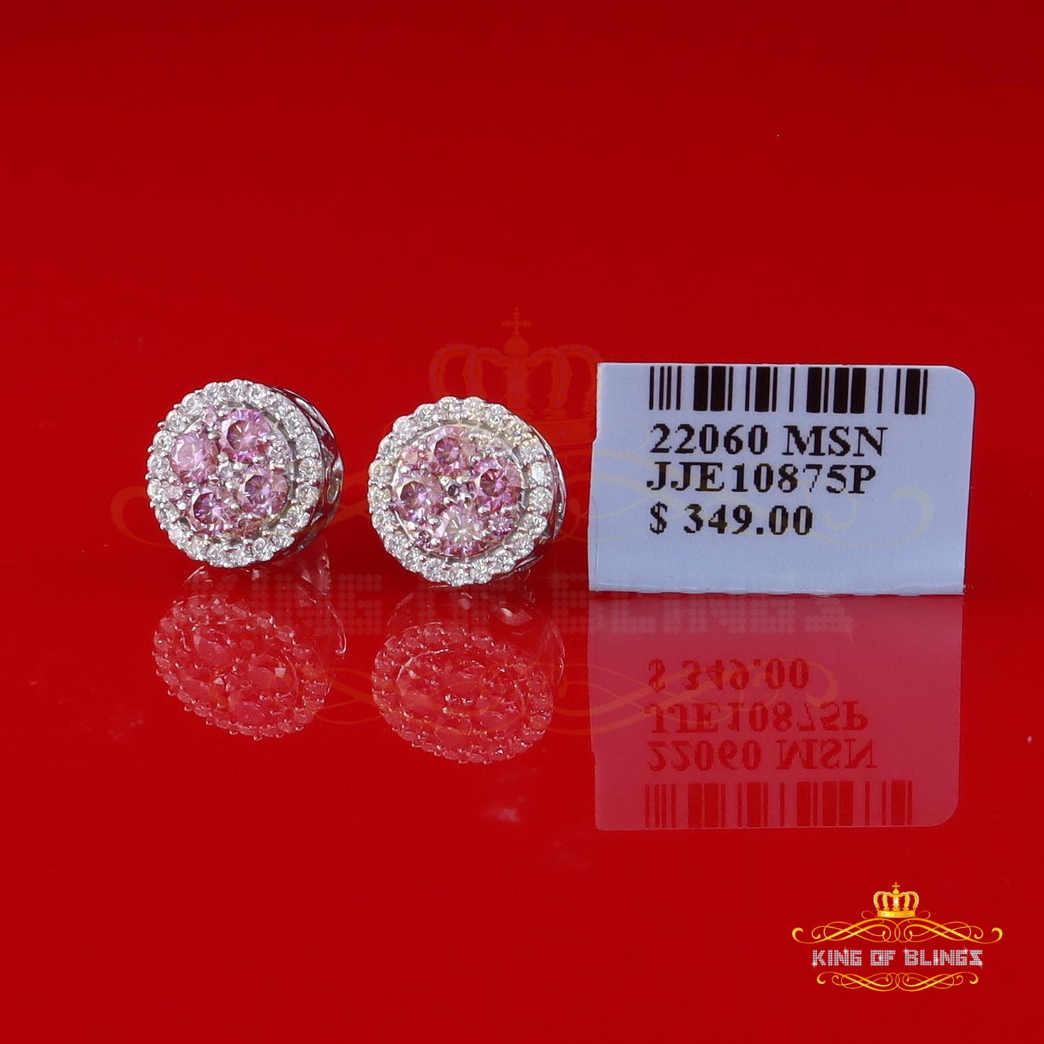 King of Bling's 925 Silver White 1.00ct VVS D Men's/Women's Pink Moissanite Round Stud Earrings